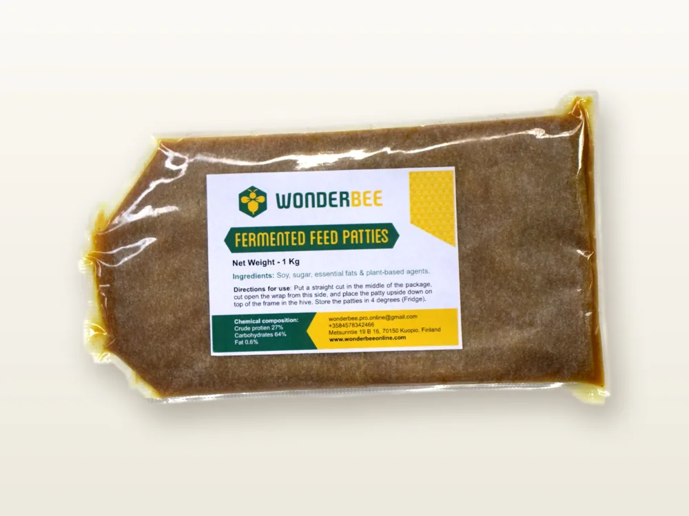 A 1 kg pack of WonderBee Fermented Feed Patties with its label