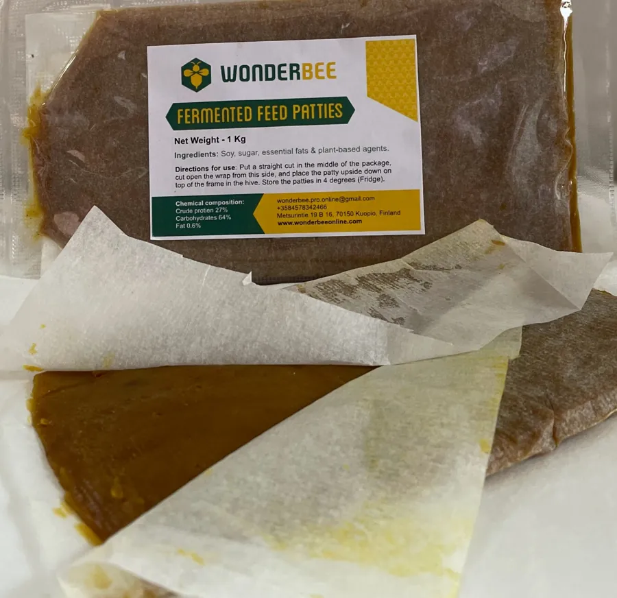 An opened WonderBee patty with its wrap peeled back